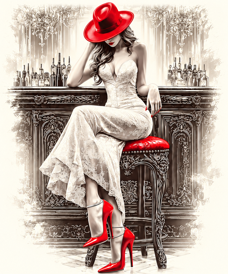 La Dueña's signature woman in an elegant dress and red hat