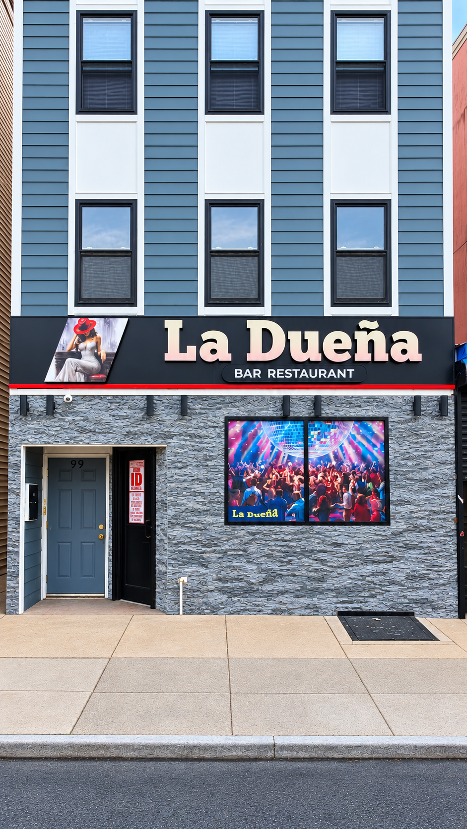La Dueña Bar Restaurant storefront with its red and black signage